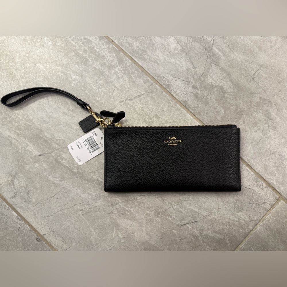 Coach Black Leather Wristlet Wallet with Gold Accents